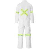 Safety Polycotton Boiler Suit - Reflective Arms Legs & Back - Yellow Tape WHITE